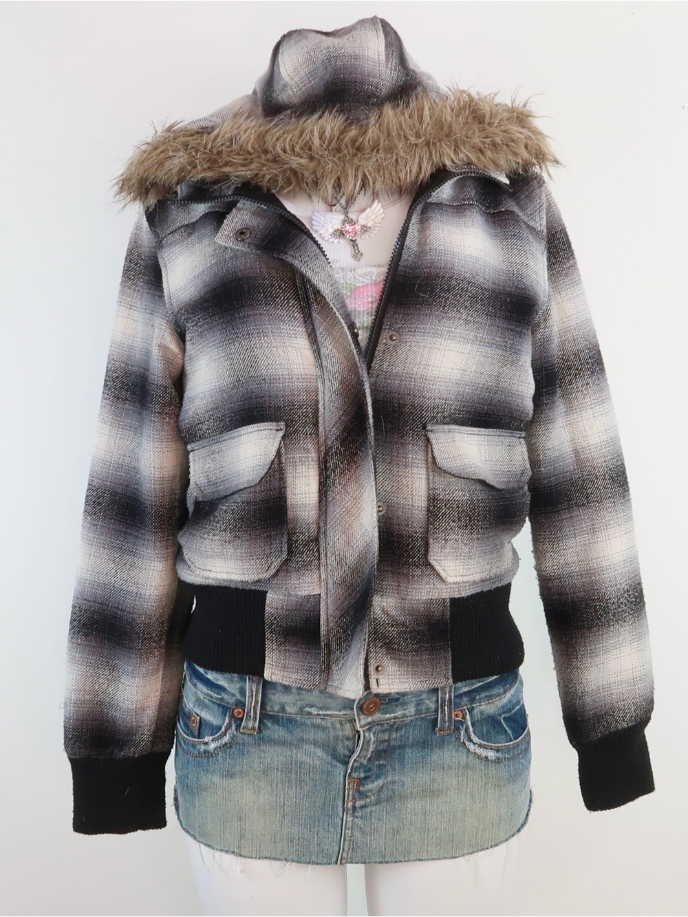 y2k grey black plaid hooded jacket faux fur trim